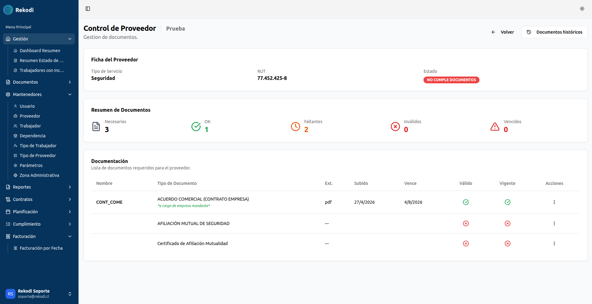 Captura de pantalla de Rekodi: control y validación de pagos a contratistas